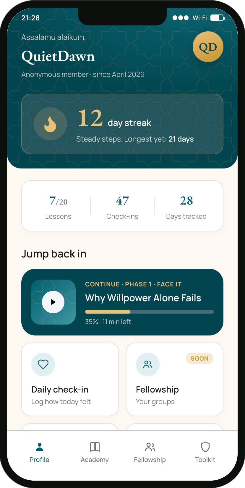 Preview of the Amanah Recovery app home screen showing streak, lessons, and daily check-in